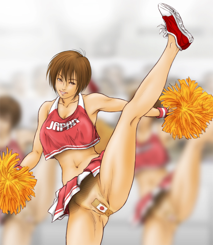 morisato ryo, morisato ryou, original, 3girls, bandaid, bandaid on pussy, blurry, brown eyes, brown hair, cheerleader, depth of field, high kick, japanese flag, kicking, looking at viewer, multiple girls, no bra, no panties, pom pom (cheerleading), short hair, smile, solo focus, spread legs