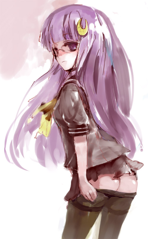 nokishita, patchouli knowledge, touhou, 1girl, alternate costume, clothes pull, crescent, crescent hair ornament, female focus, hair ornament, pantyhose, pantyhose pull, school uniform, serafuku, solo