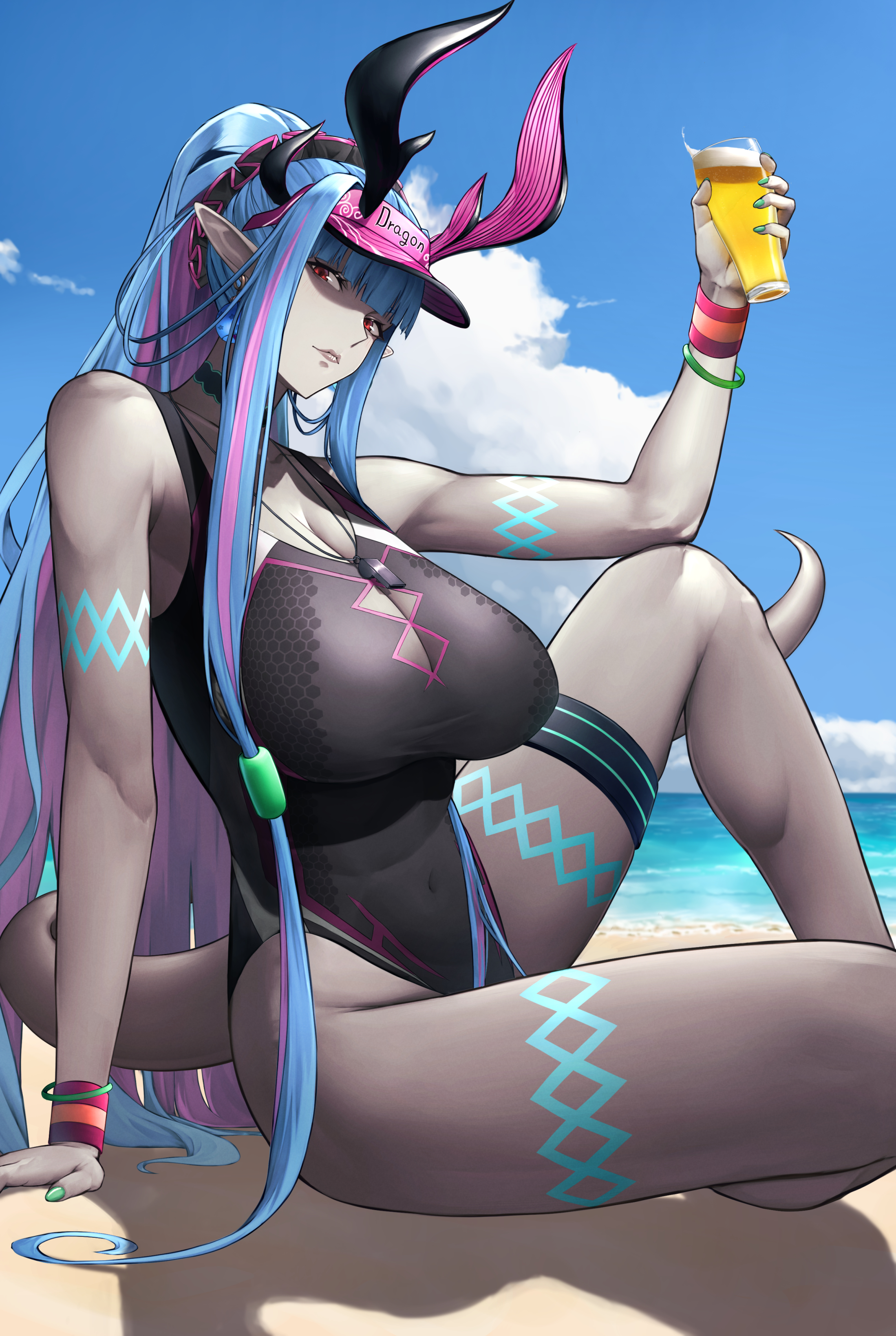 souma (so u maaaaa), ibuki douji (fate), ibuki douji (swimsuit berserker) (fate), ibuki douji (swimsuit berserker) (first ascension) (fate), fate/grand order, fate (series), absurdres, highres, 1girl, alcohol, bare shoulders, beach, beer, black one-piece swimsuit, blue hair, blue sky, body markings, breasts, cleavage, colored skin, covered navel, cup, earrings, grey skin, hat, highleg, highleg one-piece swimsuit, horns, jewelry, large breasts, long hair, looking at viewer, multicolored hair, one-piece swimsuit, oni, parted lips, pink hair, pink hat, pink one-piece swimsuit, pointy ears, ponytail, red eyes, shore, sidelocks, sky, solo, swimsuit, tail, thigh strap, thighs, two-tone swimsuit, visor cap