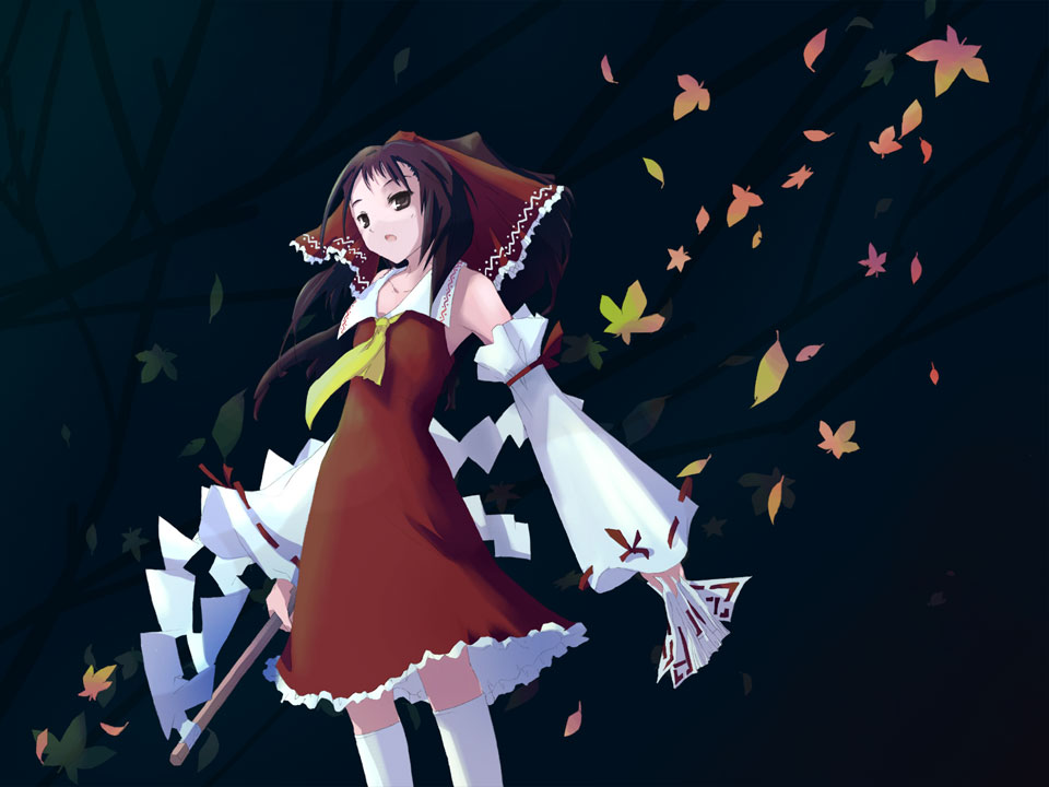 takanashi akihito, hakurei reimu, touhou, white legwear, 1girl, bow, bowtie, breasts, brown eyes, brown hair, dress, female focus, leaf, long hair, open mouth, red dress, ribbon, small breasts, solo, stick, tree, white sleeves, yellow bow, yellow bowtie