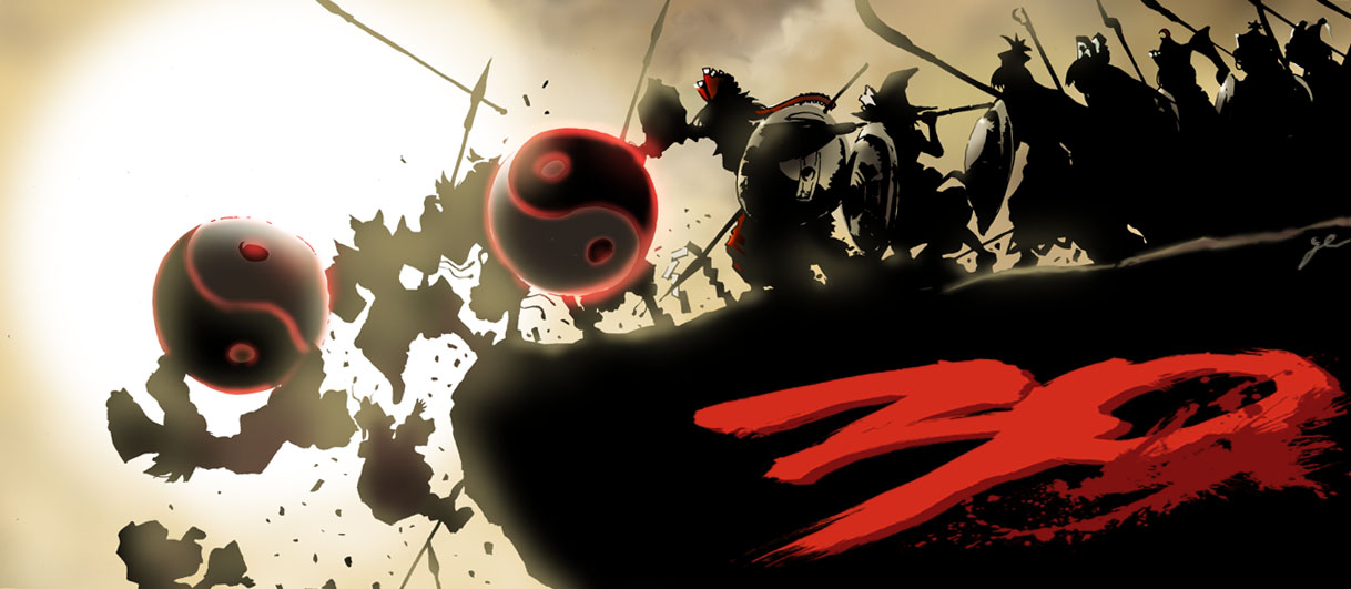 phalanx, wi-z garage, fujiwara no mokou, hakurei reimu, kamishirasawa keine, kirisame marisa, lunasa prismriver, merlin prismriver, yakumo ran, 300 (movie), touhou, 6+girls, bow, broom, falling, female focus, hat, multiple girls, parody, polearm, shide, shield, spear, weapon, witch hat, yin yang