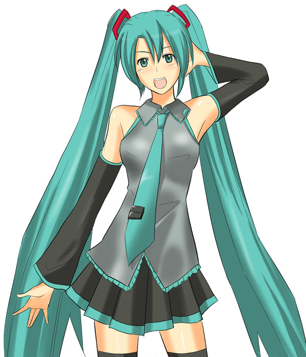 toshibou (satsukisou), hatsune miku, vocaloid, 1girl, aqua hair, aqua necktie, armpits, black thighhighs, blouse, collared shirt, cowboy shot, female focus, frilled shirt, frills, grey shirt, hair between eyes, hand on own head, long hair, necktie, shirt, sleeveless, sleeveless shirt, solo, thighhighs, twintails, very long hair