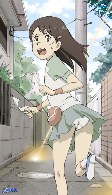 moriya naoki, hashimoto fumie, dennou coil, visor, wall, long image, tall image, 00s, 1girl, artist name, blue sky, brown eyes, brown hair, building, cable, cloud, female focus, glasses, hair ornament, hairclip, holding, house, kneepits, laser, legs, long hair, looking at viewer, looking back, miniskirt, open mouth, outdoors, panties, pantyshot, paper, pole, pouch, raglan sleeves, road, running, serious, shirt, shoes, short hair, skirt, sky, socks, solo, street, sweatdrop, tree, underwear, upskirt, watermark, white panties, white socks, wristband