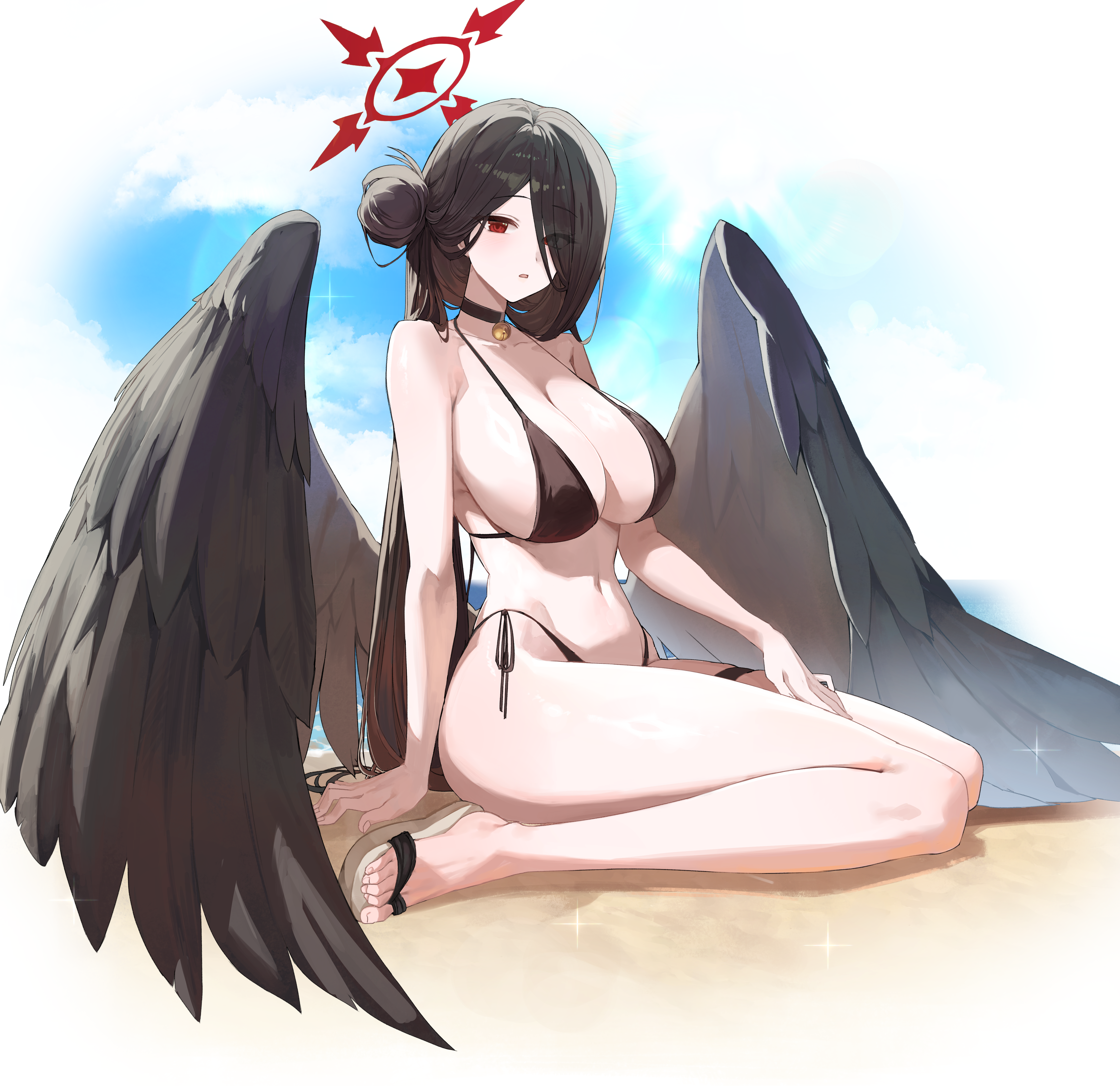 hasumi (blue archive), hasumi (swimsuit) (blue archive), blue archive, absurdres, highres, 1girl, bare shoulders, bell, bikini, black bikini, black choker, black hair, black wings, breasts, choker, cleavage, deop, eyes visible through hair, feathered wings, hair bun, hair over one eye, halo, hand on own thigh, highleg, highleg bikini, huge breasts, jingle bell, long bangs, long hair, looking at viewer, loosely tucked bangs, low wings, navel, ocean, official alternate costume, official alternate hairstyle, oversized wings, parted lips, red eyes, red halo, sand, side-tie bikini bottom, single hair bun, sitting, solo, string bikini, swimsuit, very long hair, wariza, wings