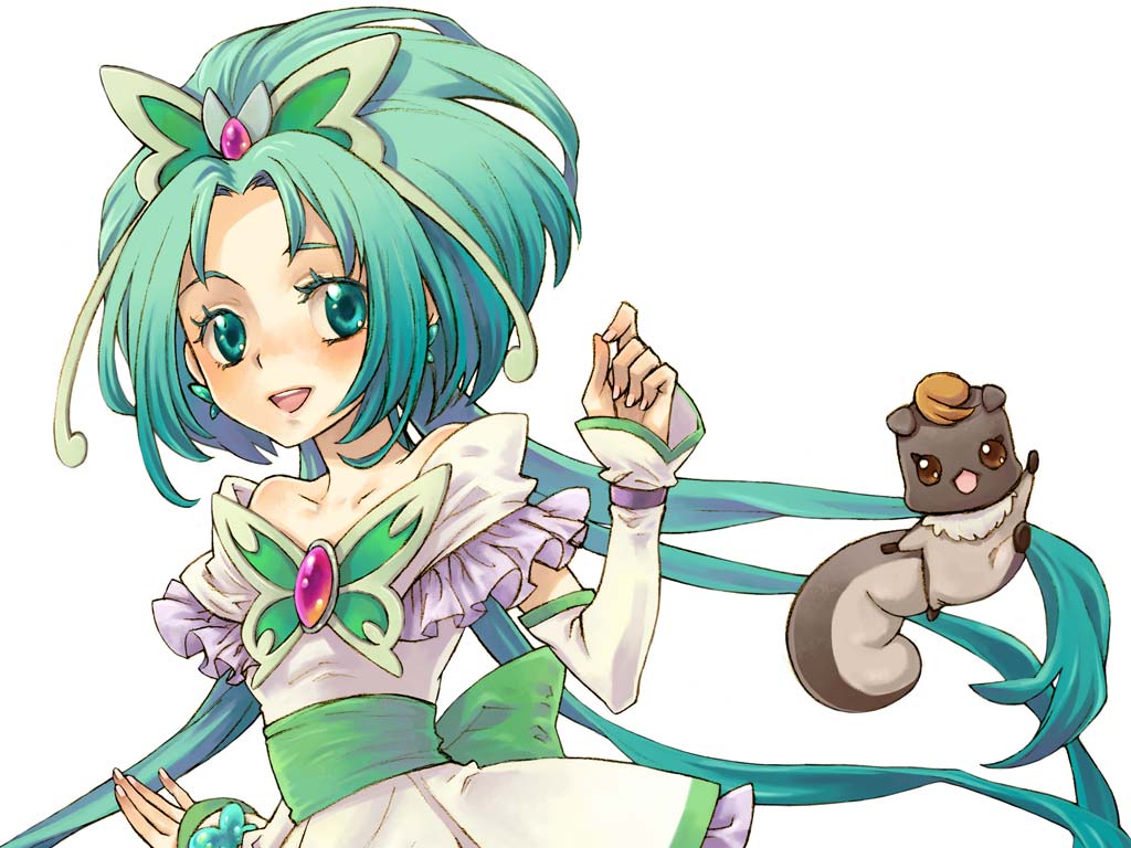akimoto komachi, cure mint, nuts (yes! precure 5), precure, yes! precure 5, 00s, 1girl, aqua eyes, aqua hair, butterfly hair ornament, eyelashes, hair ornament, long hair, magical girl, simple background
