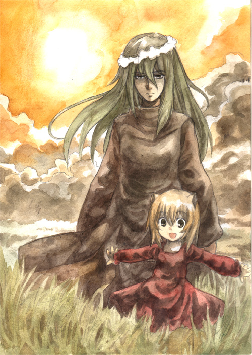 kouno hikaru, memusu, tsuuma, viral (ttgl), tengen toppa gurren lagann, painting (medium), traditional media, watercolor (medium), 00s, animal ears, child, dress, field, grass, head wreath, long hair, open mouth, smile, sun, sunset, wind