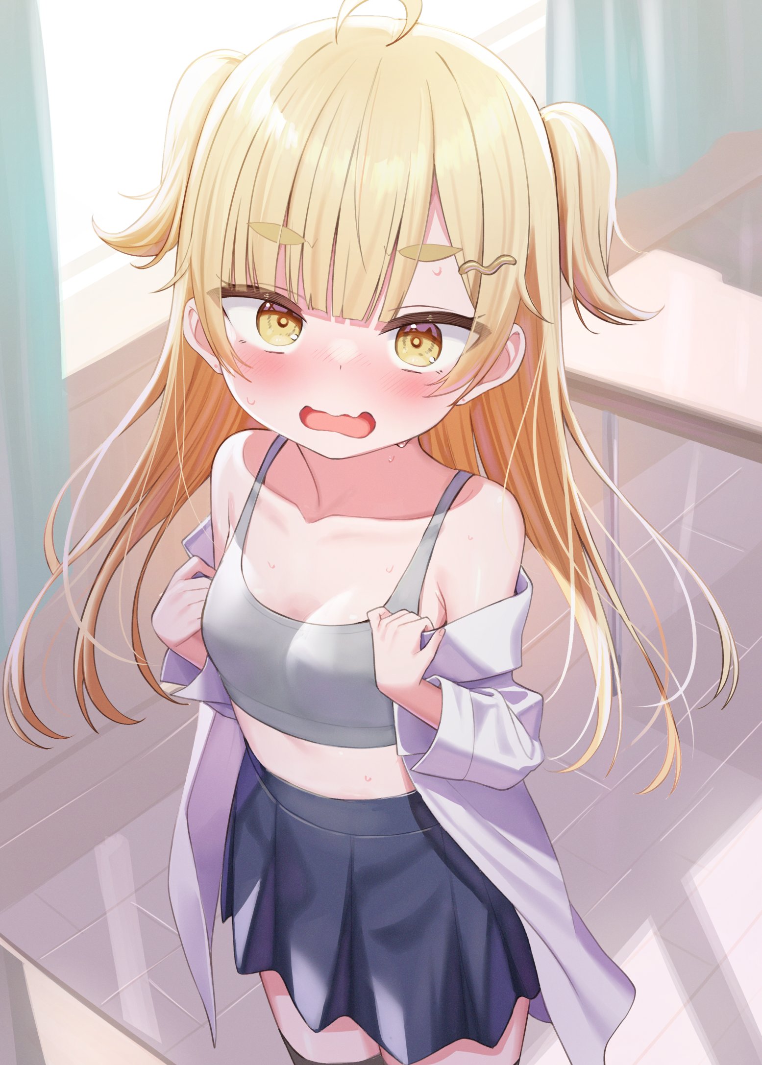 tsukiman, original, commentary request, highres, 1girl, ahoge, blonde hair, blush, breasts, collarbone, indoors, long hair, looking at viewer, open clothes, pleated skirt, shirt, skirt, small breasts, solo, sports bra, thick eyebrows, thighhighs, two side up, wavy mouth