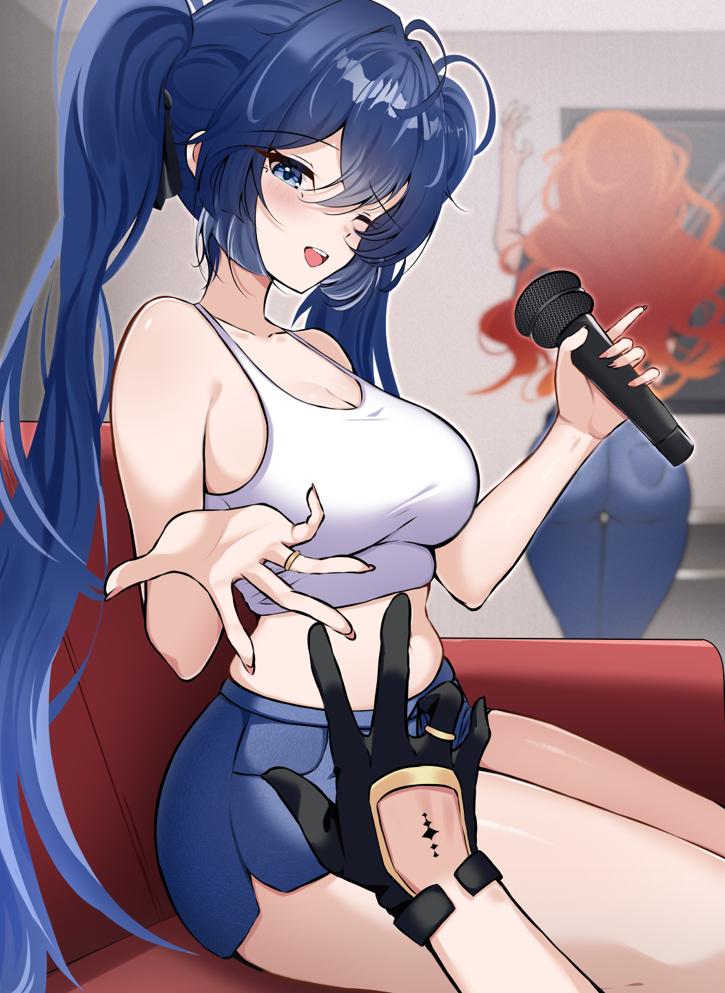 zeropen, augusta (wuthering waves), iuno (wuthering waves), wuthering waves, commentary, english commentary, highres, 1other, 2girls, bare shoulders, black gloves, blue eyes, blue hair, blue shorts, blush, breasts, denim, gloves, holding, holding microphone, indoors, jeans, jewelry, karaoke, karaoke box, large breasts, long hair, microphone, multiple girls, one eye closed, orange hair, pants, ring, shorts, smile, solo focus, tank top, twintails, white tank top