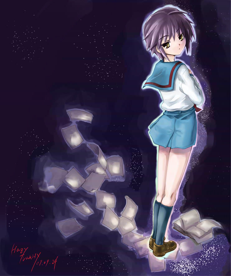 hazy vanity, nagato yuki, suzumiya haruhi no yuuutsu, eyebrows, 00s, 1girl, 2007, back, blue skirt, book, dated, female focus, flying paper, from behind, kneehighs, legs together, long sleeves, looking at viewer, looking back, miniskirt, open book, paper, purple background, purple hair, red ribbon, ribbon, school uniform, serafuku, short hair, skirt, socks, solo, standing, text focus, yellow eyes