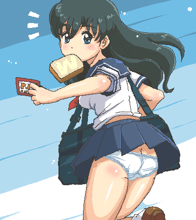 4040 (abonriya), lowres, 1girl, bread, bread slice, butt crack, female focus, food, food in mouth, long hair, looking at viewer, looking back, miniskirt, mouth hold, panties, school uniform, serafuku, skirt, solo, surprised, toast, toast in mouth, underwear, wind, wind lift