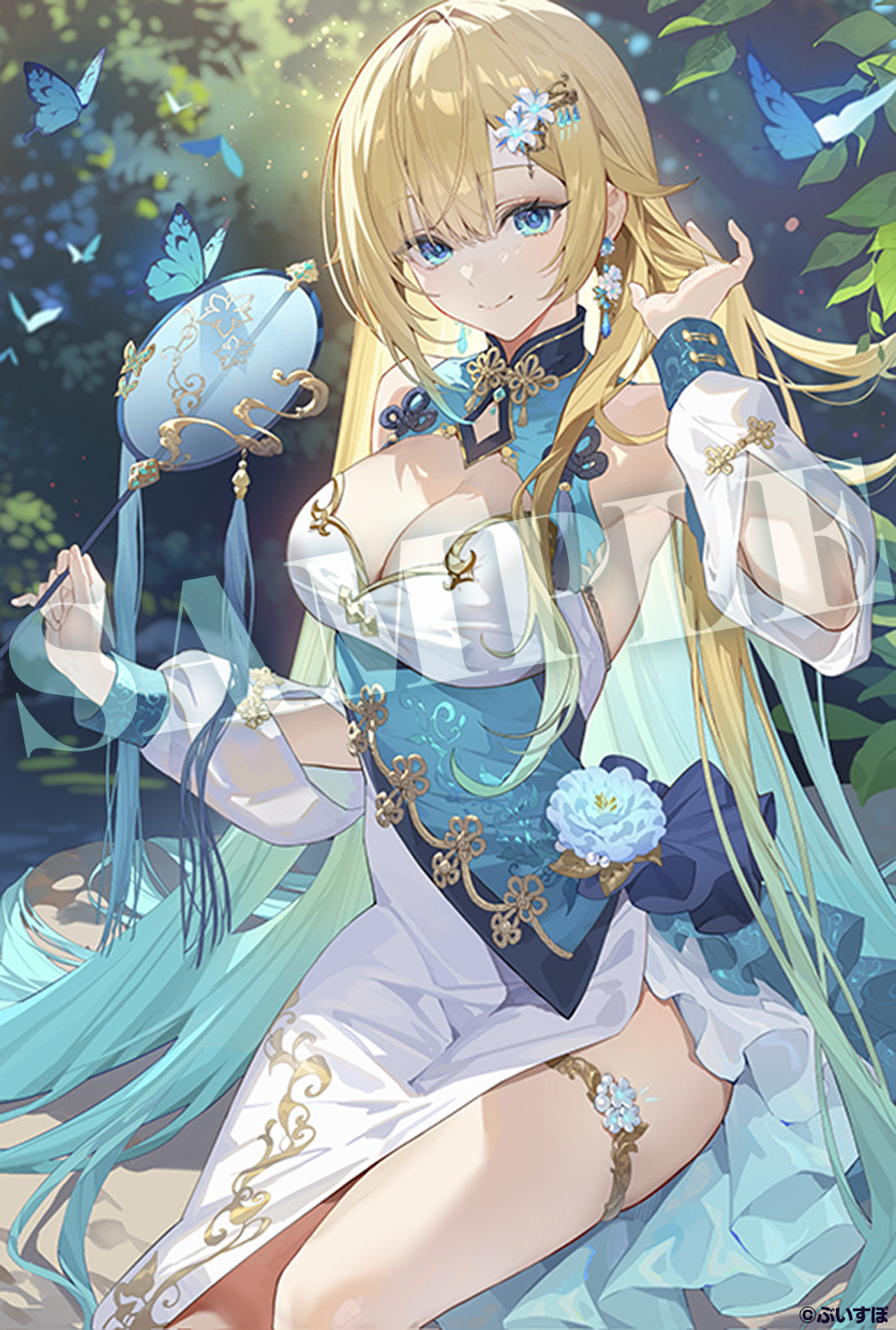teffish, aizawa ema, vspo!, highres, official art, 1girl, aqua hair, blonde hair, blue butterfly, blue eyes, breasts, bug, butterfly, china dress, chinese clothes, cleavage, closed mouth, clothing cutout, detached sleeves, dress, dress flower, earrings, flower, hand fan, holding, holding fan, insect, jewelry, large breasts, long hair, long sleeves, looking at viewer, outdoors, sample watermark, shoulder cutout, sitting, smile, solo, thigh strap, very long hair, virtual youtuber, watermark, white dress