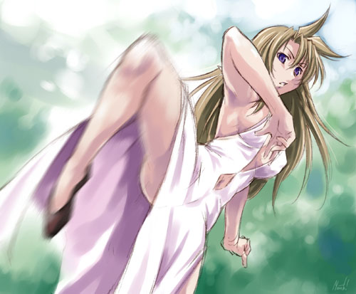 maruto!, madlax (character), madlax, lowres, 00s, 1girl, armpits, blonde hair, breasts, female focus, high kick, kicking, leg lift, legs, long hair, motion blur, navel, outdoors, panties, pantyshot, purple eyes, side slit, sideboob, solo, underwear