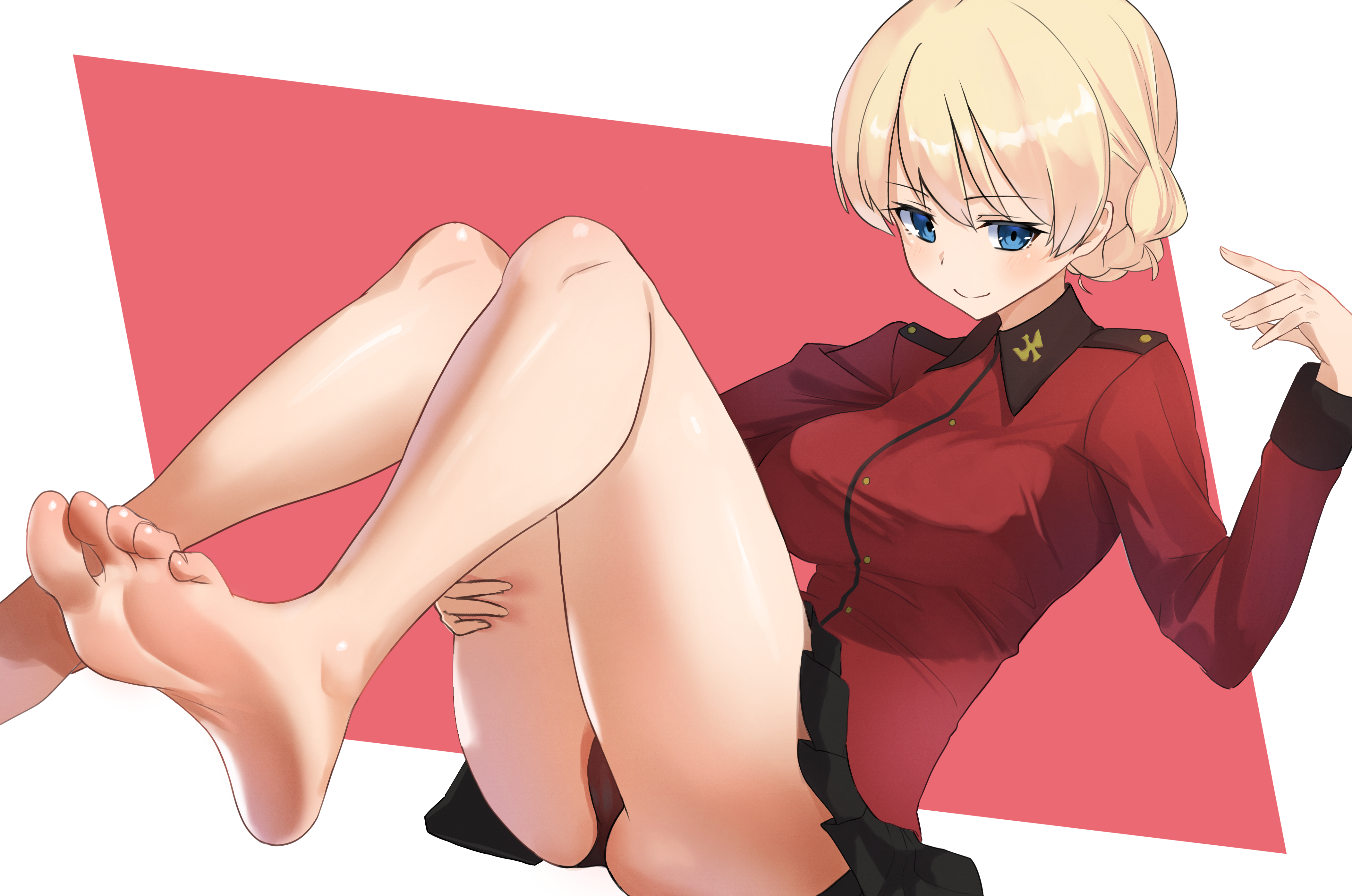 lazurite (user 8870367), darjeeling (girls und panzer), girls und panzer, absurdres, highres, 1girl, barefoot, blonde hair, blue eyes, blush, feet, long hair, looking at viewer, panties, pantyshot, smile, soles, toes, underwear