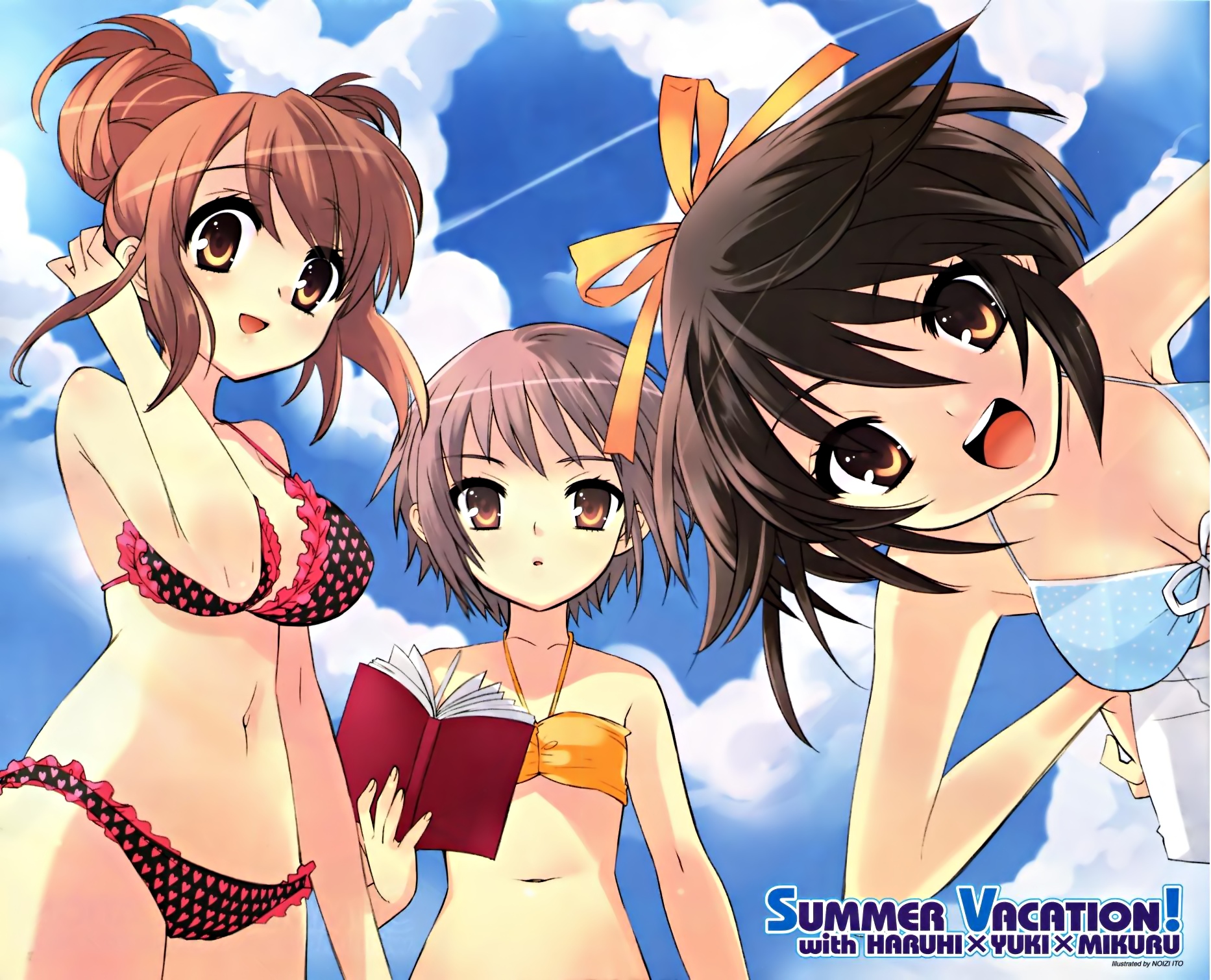 ito noizi, asahina mikuru, nagato yuki, suzumiya haruhi, suzumiya haruhi no yuuutsu, highres, 00s, 3girls, bikini, brown hair, cloud, day, heart, heart print, multiple girls, polka dot, polka dot bikini, ribbon, short hair, sky, swimsuit