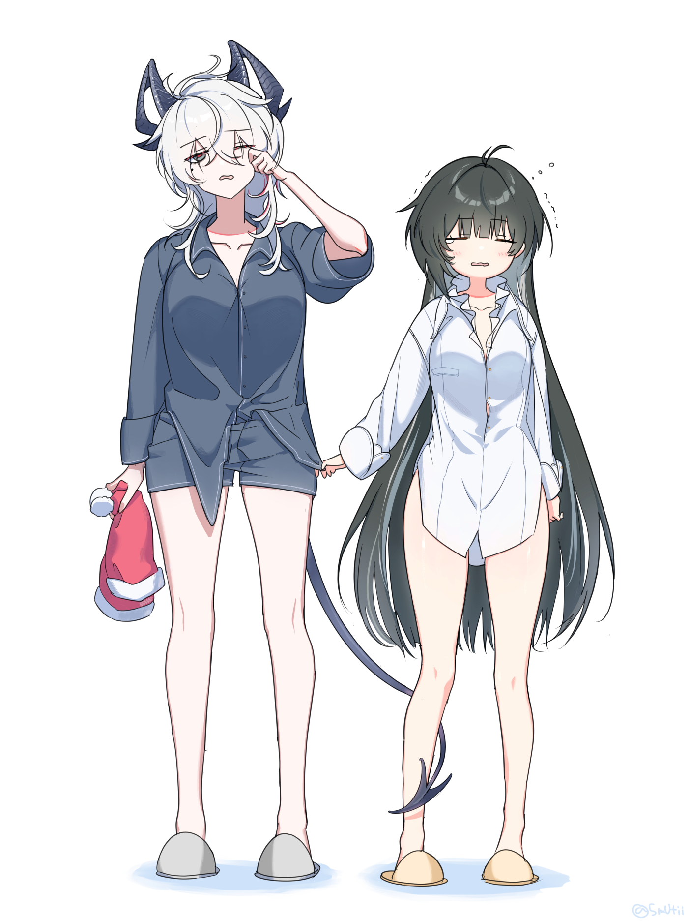 female rover (wuthering waves), rover (wuthering waves), zani (wuthering waves), wuthering waves, commentary request, highres, 2girls, black eyes, black hair, black horns, black shirt, black shorts, black tail, breasts, closed eyes, collarbone, collared shirt, curled horns, demon tail, full body, hair between eyes, hair undone, horns, large breasts, long hair, medium breasts, multicolored hair, multiple girls, mutii, naked shirt, oversized clothes, oversized shirt, pajamas, parted lips, rubbing eyes, shirt, shirt tug, shorts, simple background, sleepy, slippers, standing, streaked hair, tail, untucked shirt, very long hair, white background, white hair, white shirt