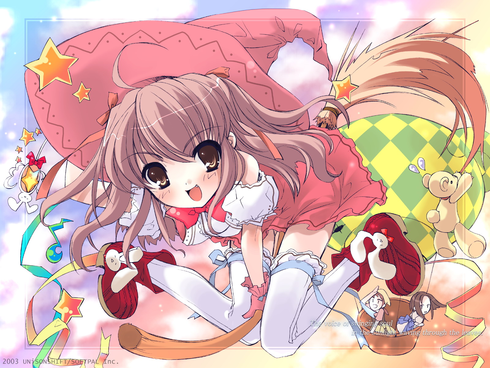ito noizi, kouenji ayana, komorebi ni yureru tamashii no koe, highres, 1girl, aircraft, broom, broom riding, fang, female focus, hat, hot air balloon, magical girl, pink hat, ribbon, solo, stuffed animal, stuffed toy, teddy bear, thighhighs, witch hat