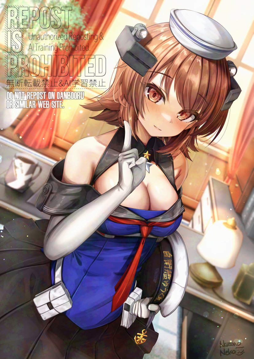 nazono neko, richard p. leary (kancolle), richard p. leary kai (kancolle), kantai collection, adversarial noise, commentary request, 1girl, artist name, black skirt, blue shirt, blush, breasts, brown eyes, brown hair, cleavage, closed mouth, coffee mug, cup, desk, dixie cup hat, elbow gloves, flipped hair, gloves, hat, headgear, holding, holding unworn clothes, holding unworn hat, index finger raised, indoors, looking at viewer, medium breasts, military hat, mug, neckerchief, off-shoulder shirt, off shoulder, red neckerchief, shirt, short hair, skirt, smile, solo, star (symbol), unworn hat, unworn headwear, watermark, white gloves, white hat, window
