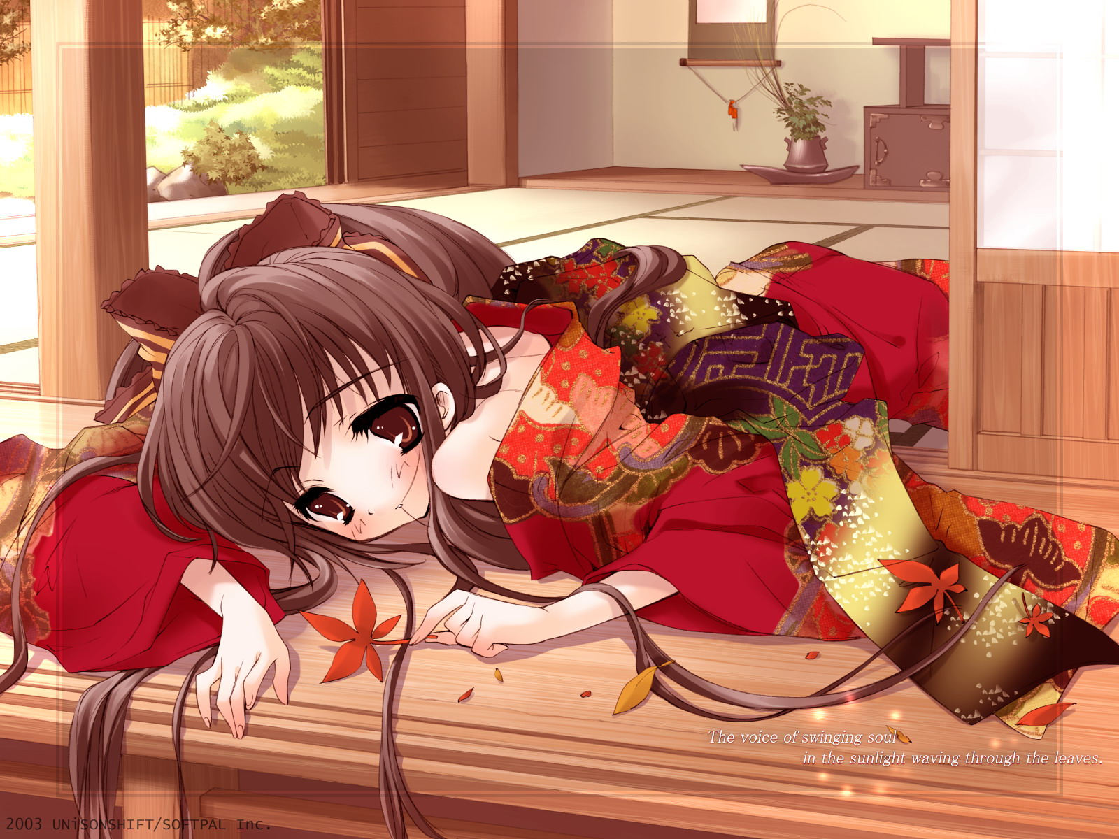 ito noizi, sui (komorebi), komorebi ni yureru tamashii no koe, interior, highres, 00s, 1girl, 2003, autumn, bare shoulders, blush, bow, brown eyes, brown hair, english text, expressionless, female focus, floral print, garden, hair bow, hair in own mouth, indoors, japanese clothes, kimono, leaf, long hair, looking at viewer, lying, maple leaf, off shoulder, on stomach, ponytail, porch, red kimono, ribbon, sliding doors, solo, veranda, very long hair, yukata