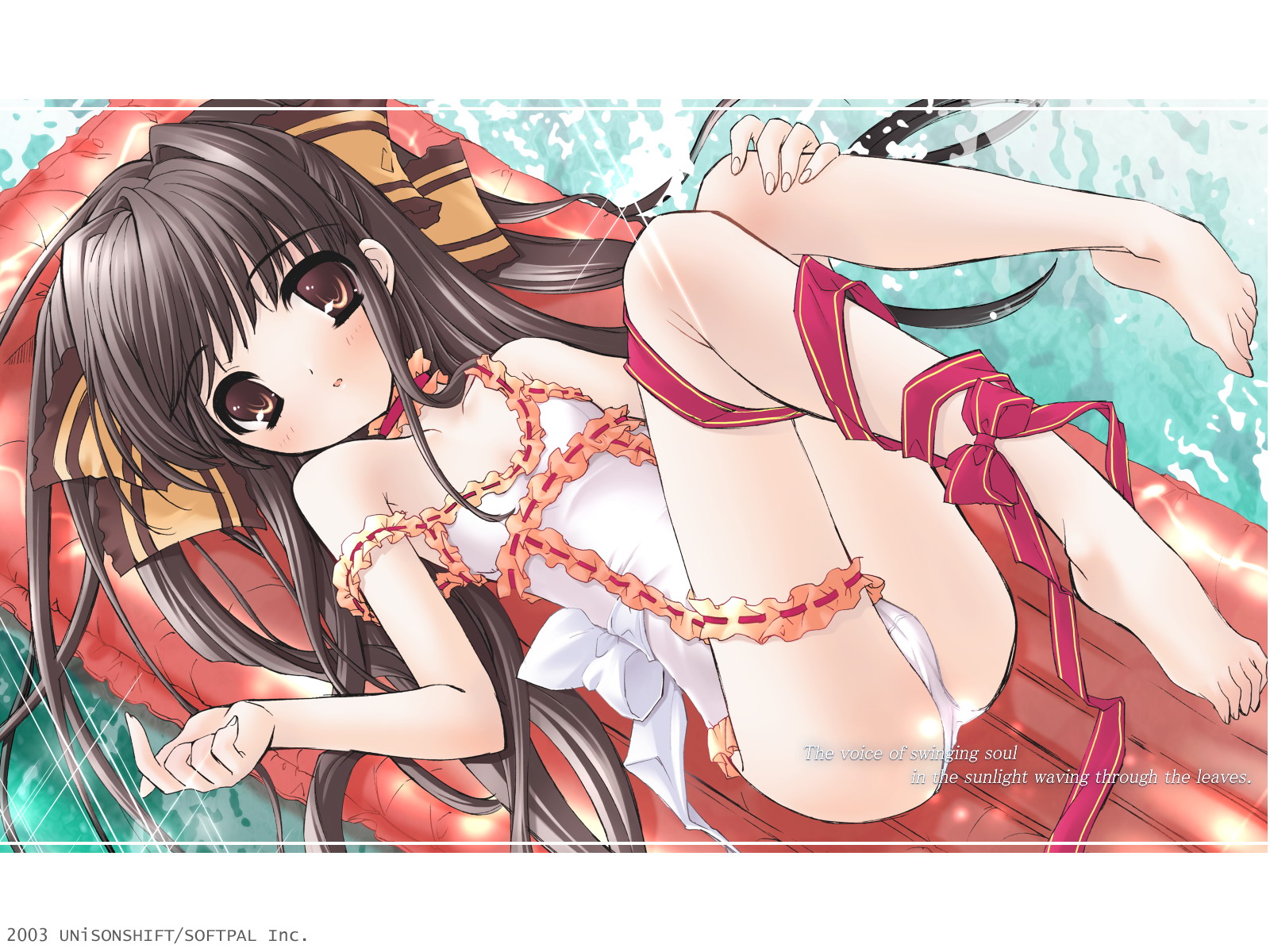 ito noizi, sui (komorebi), komorebi ni yureru tamashii no koe, highres, 00s, 1girl, 2003, afloat, barefoot, brown eyes, brown hair, casual one-piece swimsuit, choker, english text, feet, female focus, hair ribbon, inflatable raft, leg ribbon, legs up, loli, long hair, lying, on back, one-piece swimsuit, panties, ribbon, soles, solo, sparkle, strap slip, swimsuit, toes, underwear, water