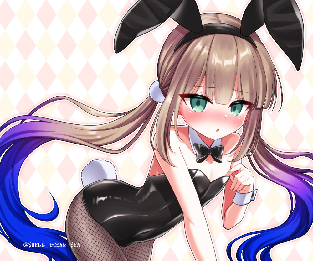 shell ocean, captain nemo (fate), nemo (fate), fate/grand order, fate (series), 1boy, animal ear hairband, animal ears, black leotard, bow, bowtie, bunny day, crossdressing, crossdressing (mtf), detached collar, fake animal ears, fake tail, fishnet pantyhose, fishnets, hairband, leotard, male focus, male playboy bunny, pantyhose, playboy bunny, rabbit ear hairband, rabbit ears, rabbit tail, strapless, strapless leotard, tail, trap, white wrist cuffs, wrist cuffs