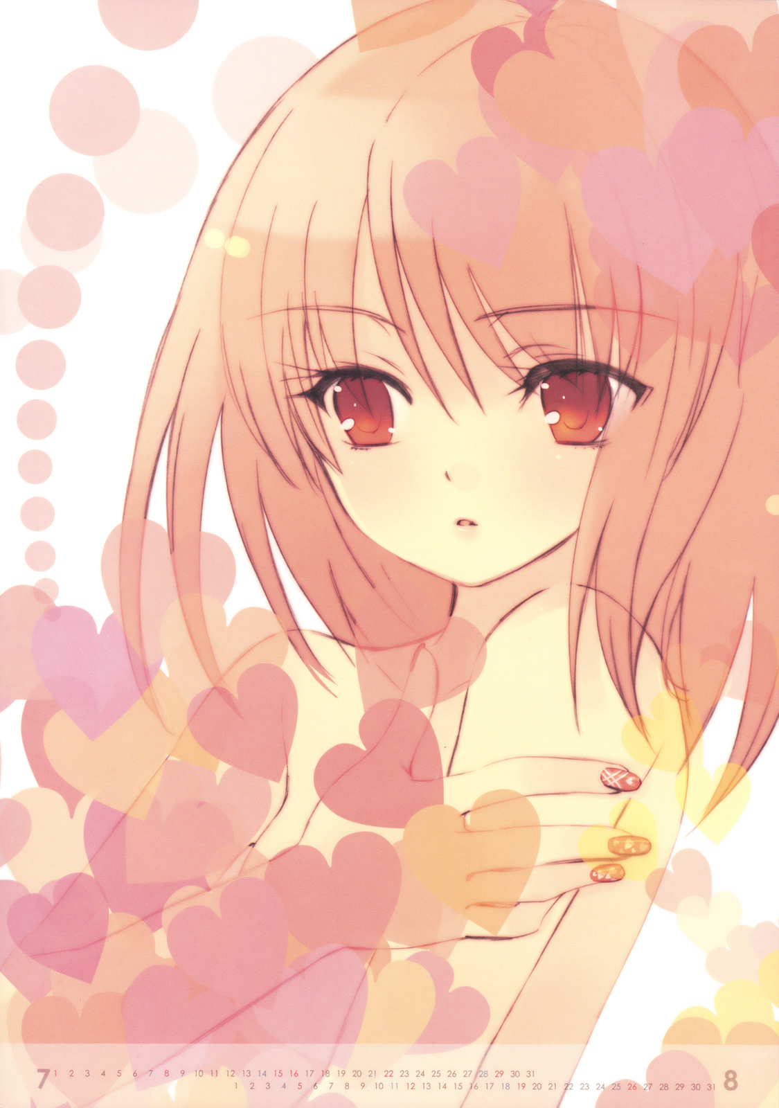 ito noizi, original, highres, 1girl, august, calendar, female focus, july, nail art, nail polish, pink hair, red eyes, solo