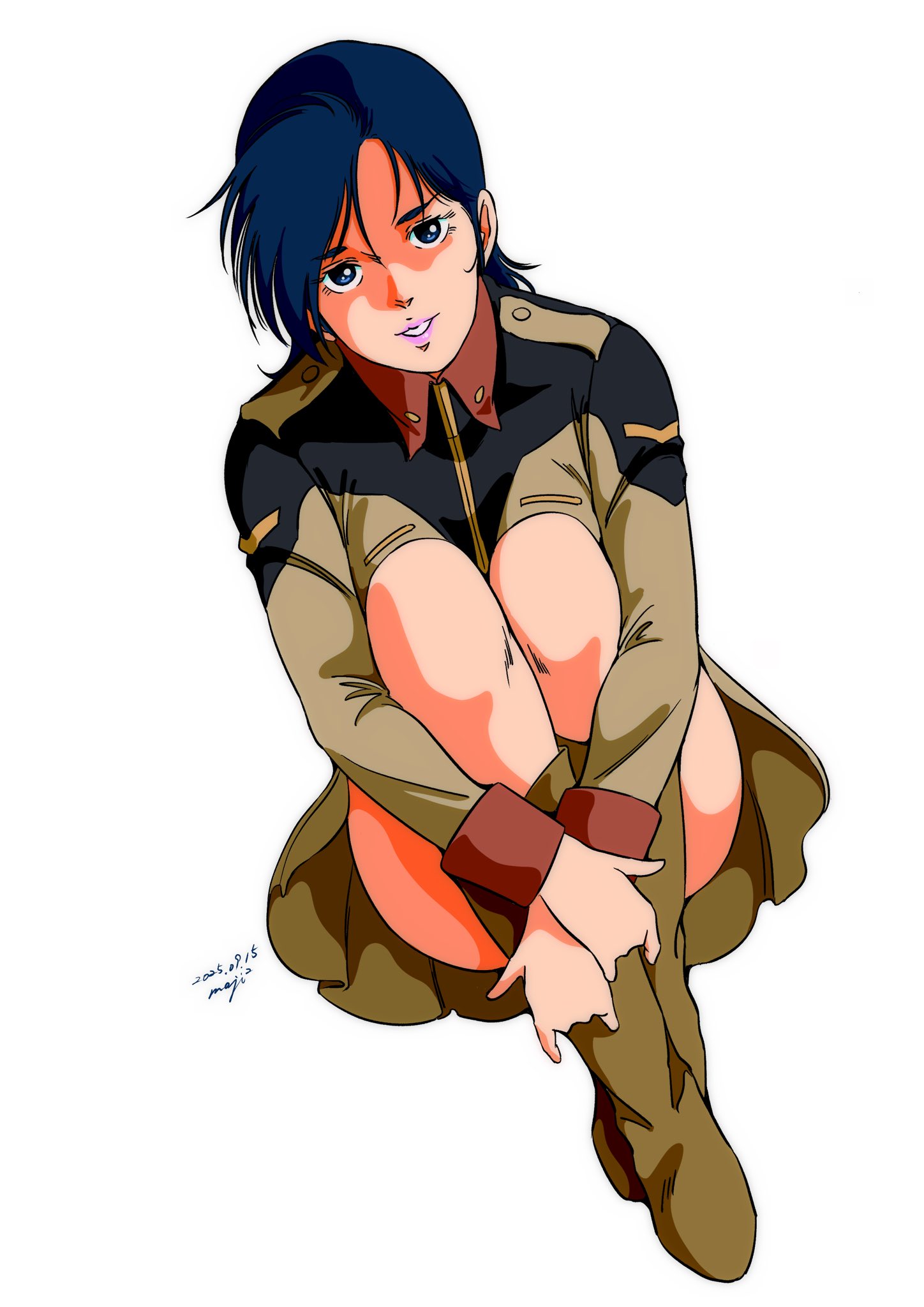 pgmajimaji, chan agi, char's counterattack, gundam, highres, 1girl, blue eyes, blue hair, boots, earth federation, jacket, long sleeves, looking at viewer, mecha, military, military uniform, open mouth, robot, short hair, skirt, smile, solo
