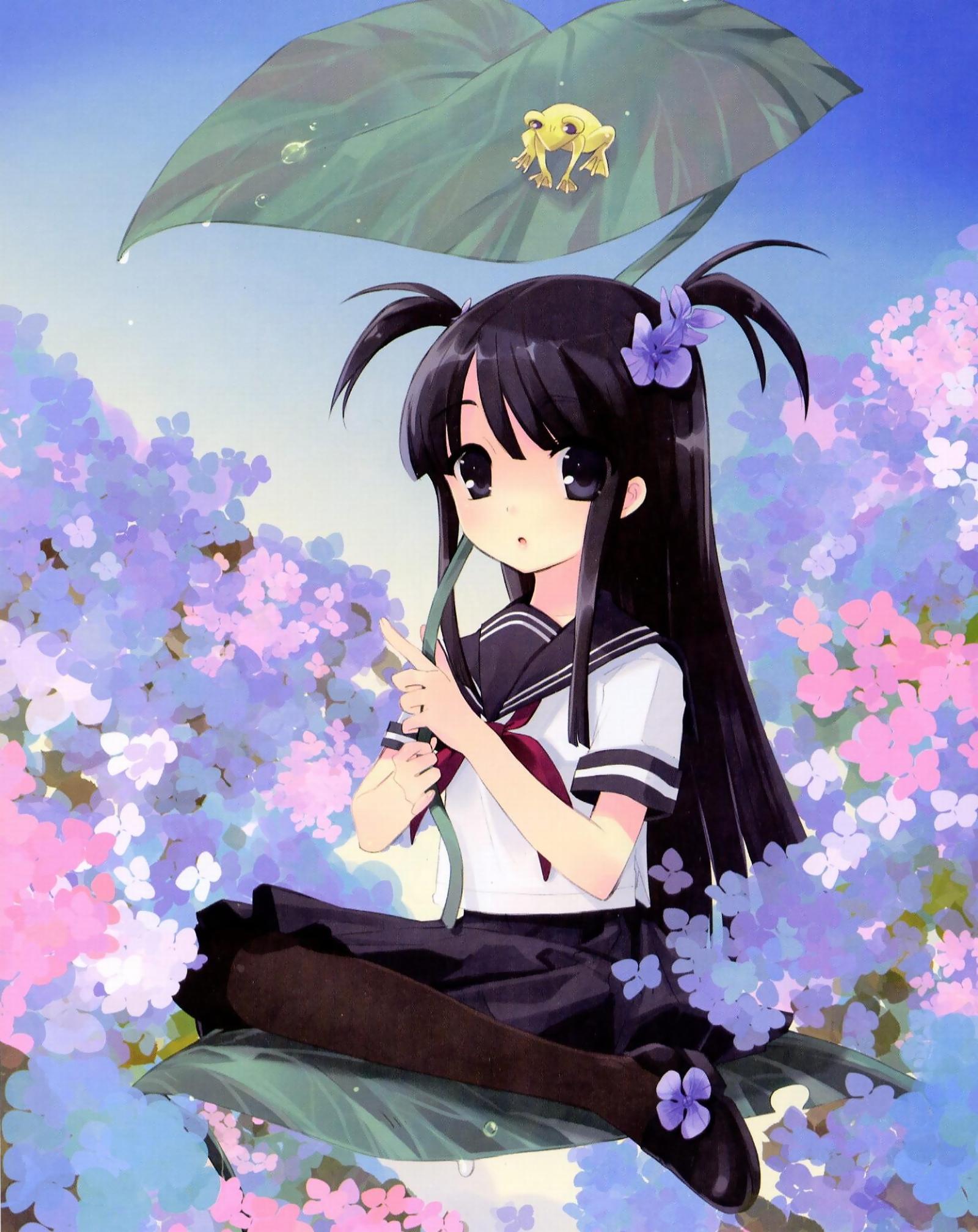 ito noizi, highres, 1girl, black eyes, black hair, female focus, flower, frog, hydrangea, leaf umbrella, long hair, outdoors, school uniform, serafuku, short twintails, sitting, solo, twintails, two side up