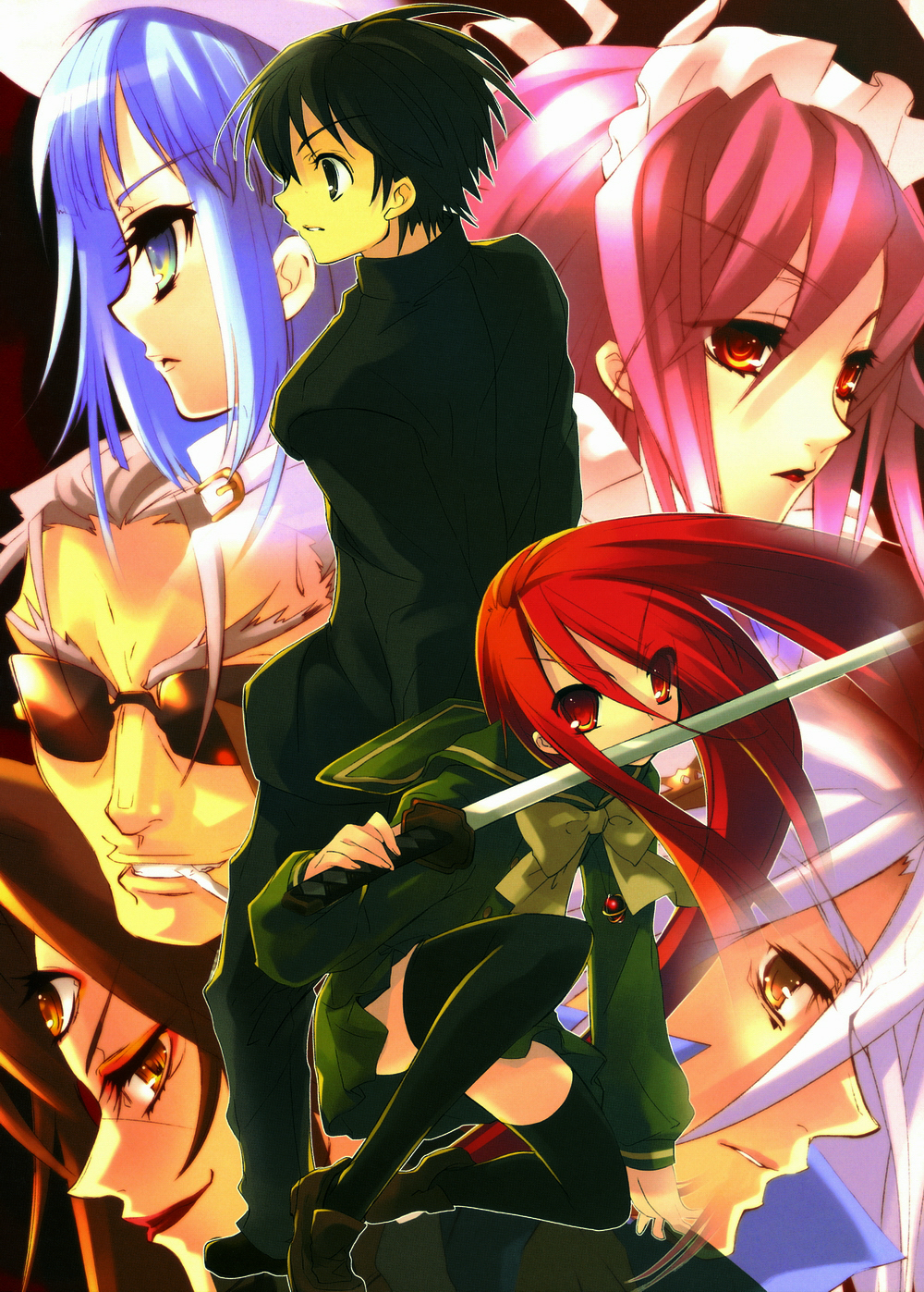 ito noizi, alastor (shakugan no shana), hecate (shakugan no shana), sakai yuuji, shana, wilhelmina carmel, shakugan no shana, highres, 00s, 3boys, 4girls, jewelry, multiple boys, multiple girls, pendant, red hair, school uniform, serafuku