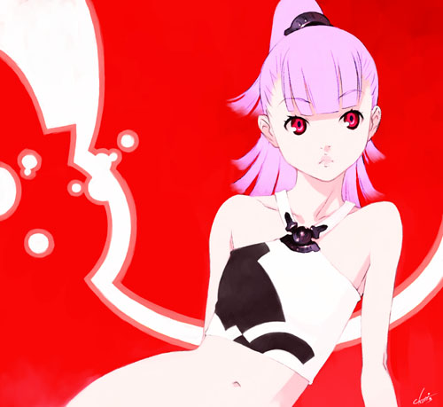 tanaka kunihiko, lowres, 1girl, bare shoulders, bottomless, female focus, navel, pink hair, ponytail, red eyes, solo