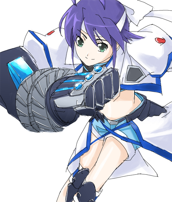sakurai yuya, revolver knuckle, subaru nakajima, lyrical nanoha, mahou shoujo lyrical nanoha, mahou shoujo lyrical nanoha strikers, 00s, 1girl, blue hair, female focus, gauntlets, headband, magical girl, midriff, single gauntlet, solo, waist cape