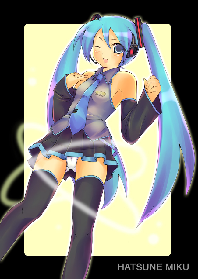 yu yu, hatsune miku, vocaloid, 1girl, blouse, blue hair, blue necktie, cameltoe, character name, collared shirt, eyes visible through hair, female focus, frilled shirt, frills, grey shirt, hair between eyes, long hair, necktie, panties, pantyshot, shirt, sleeveless, sleeveless shirt, solo, standing, thighhighs, twintails, underwear, very long hair, white panties, yellow background, zettai ryouiki