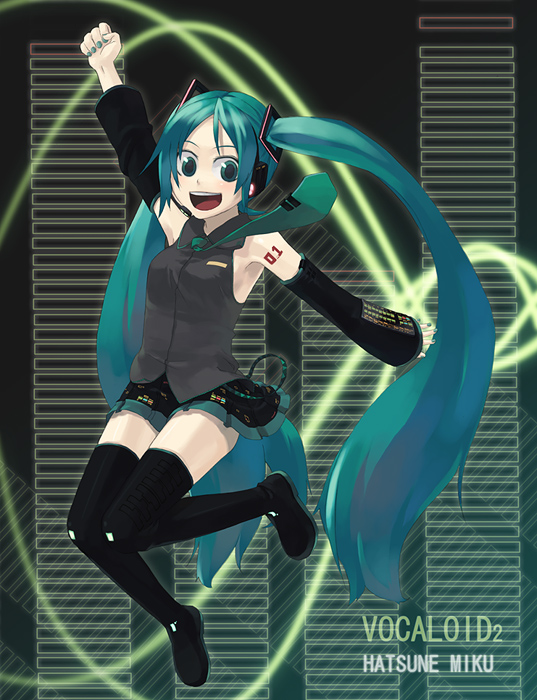 itsutsu, hatsune miku, vocaloid, 1girl, armpits, black thighhighs, blouse, blue eyes, blue hair, boots, character name, collared shirt, copyright name, female focus, full body, green necktie, grey shirt, long hair, matching hair/eyes, necktie, shirt, sleeveless, sleeveless shirt, solo, tattoo, thigh boots, thighhighs, twintails, very long hair, zettai ryouiki