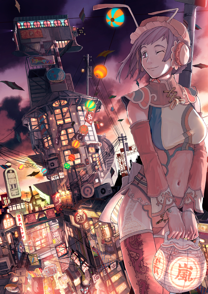 teikoku shounen, tagme, 1girl, city, female focus, hat, lantern, mob cap, outdoors, solo, stomach, thighhighs, thighs