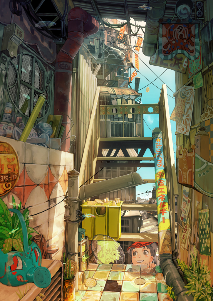 teikoku shounen, drawing, light, wall, 1girl, barbed wire, bottle, box, brown eyes, brown hair, bug, building, butterfly net, can, city, cloud, day, doodle, female focus, fish, hallway, hand net, hat, industrial pipe, laundry, leaf, machine, octopus, paper, patterned, plant, poster (medium), rooftop, scenery, shadow, shelf, sign, sky, smile, solo, stairs, text focus, tiles, trash, tube, village, watering can, window, wire