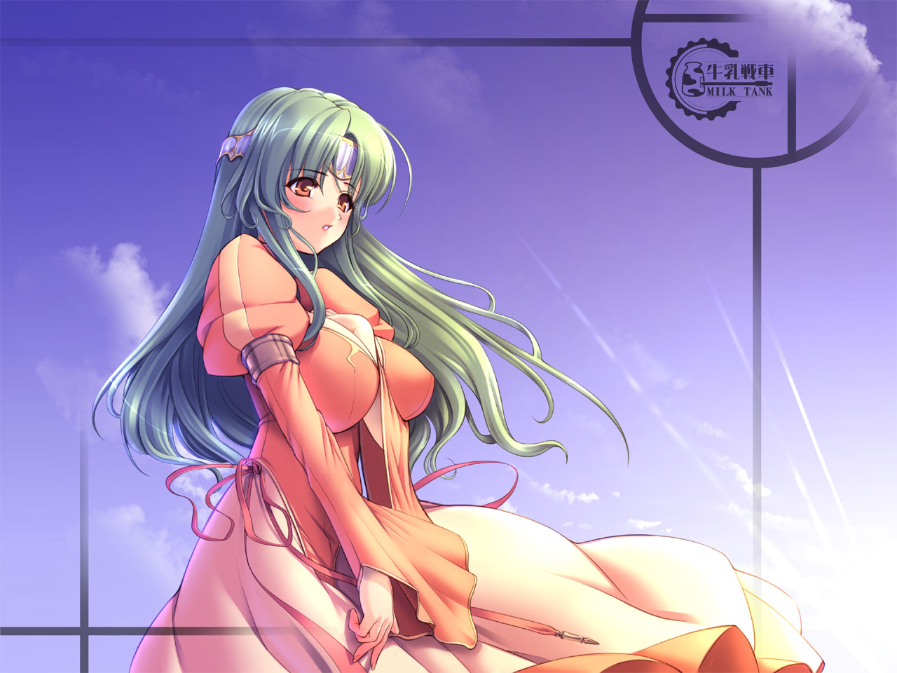 gunner-l, elincia ridell crimea, fire emblem, fire emblem: path of radiance, fire emblem: radiant dawn, nintendo, between breasts, bow, breasts, cloud, day, dress, green hair, headband, huge breasts, lipstick, long hair, makeup, orange eyes, princess, ribbon, sky, solo, sun, wind
