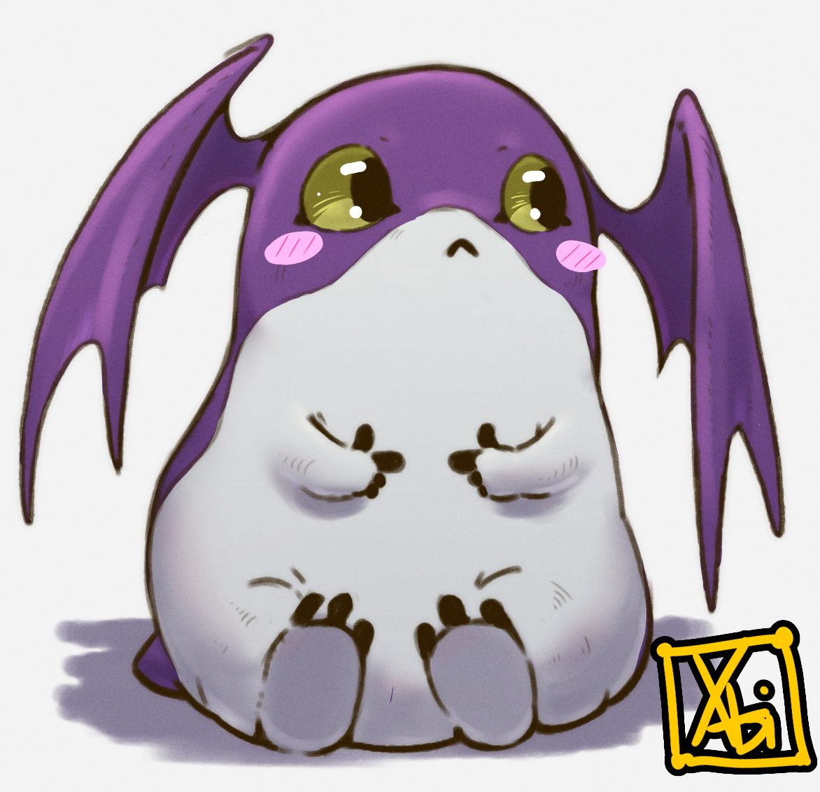 xabimaruru, tsukaimon, digimon, blush stickers, digimon (creature), green eyes, grey fur, looking to the side, no humans, purple fur, signature, simple background, sitting, solo, two-tone fur, white background, wings