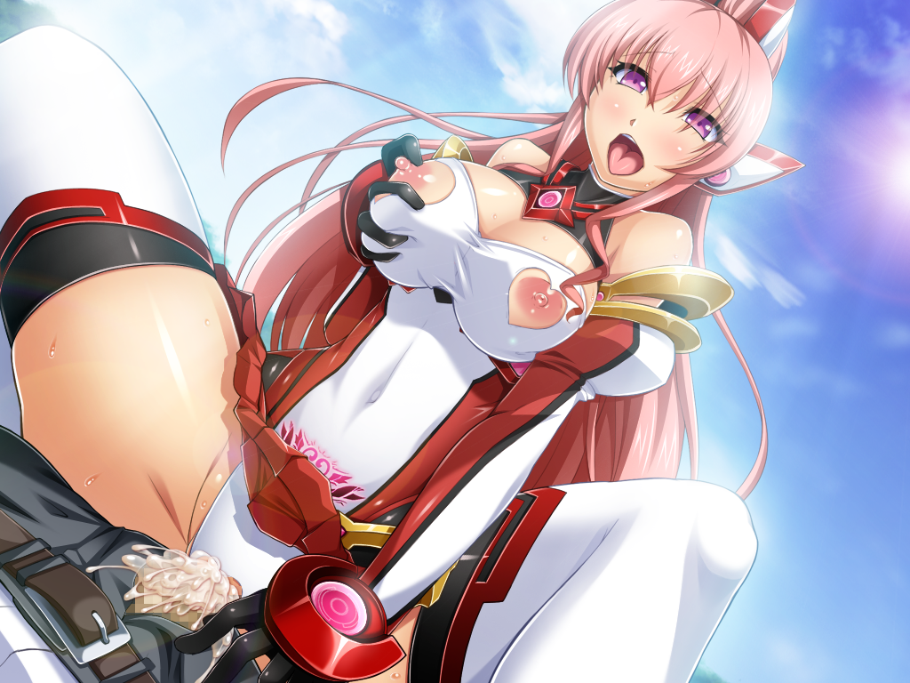 rindou (radical dream), exs-tia chevalier, rieszverne suzette paladill, kouyoku senki exs-tia, game cg, large variant set, non-web source, official art, variant set, 1boy, 1girl, assertive female, bare shoulders, belt, black gloves, blush, breasts, censored, chest jewel, cleavage cutout, clothed sex, clothing aside, clothing cutout, cloud, covered navel, cowgirl position, cum, cum in pussy, cum overflow, day, deep skin, dutch angle, elbow gloves, exs-tia chevalier (exs-tia 2), female orgasm, girl on top, gloves, grabbing own breast, headgear, heart, heart-shaped pupils, heart cutout, hetero, large breasts, lens flare, leotard, long hair, magical girl, nipple cutout, nippleless clothes, nipples, open fly, open mouth, orgasm, outdoors, pants, penis, pink hair, pleated skirt, ponytail, pubic tattoo, purple eyes, saliva, sex, shiny skin, skirt, sky, solo focus, spread legs, straddling, sun, sweat, symbol-shaped pupils, tattoo, thighhighs, tongue, tongue out, torn clothes, torogao, vaginal, very long hair, white leotard
