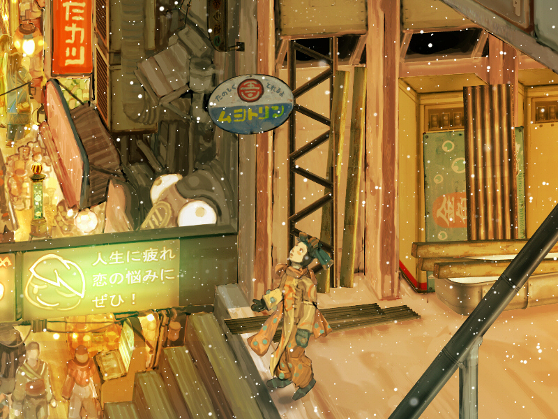 teikoku shounen, light, city, rail, railing, sign, snow, snowing, solo focus