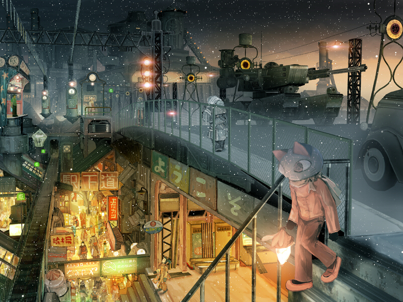 teikoku shounen, vehicle, animal ears, caterpillar tracks, city, hat, military, military vehicle, motor vehicle, power lines, shop, sign, snow, snowing, sunset, tank