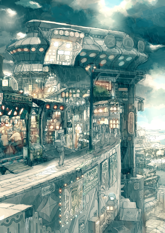 teikoku shounen, light, lights, city, cityscape, cloud, rain, scenery, shop, sign, sky, tree