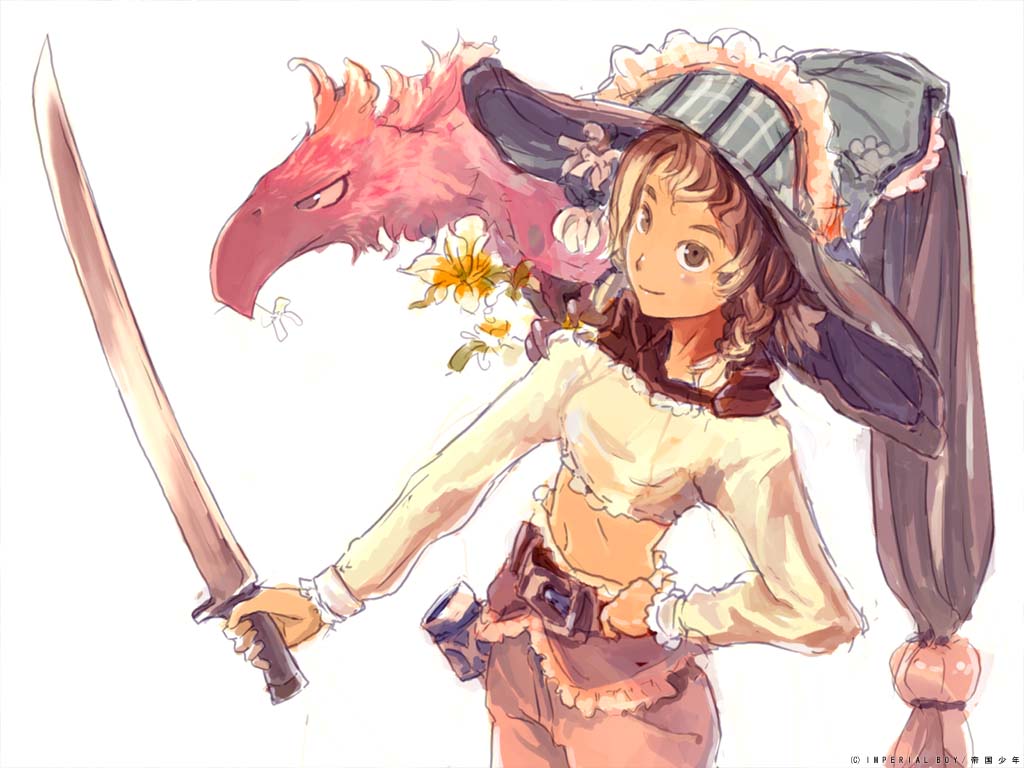 teikoku shounen, 1girl, brown eyes, brown hair, female focus, solo, sword, weapon