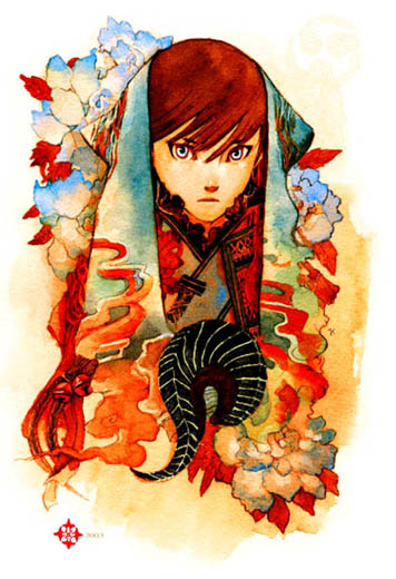kaneda eiji, 1girl, androgynous, closed mouth, expressionless, female focus, floral print, looking at viewer, red hair, short hair, simple background, solo, veil, white background