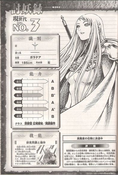 yagi norihiro, galatea, claymore (series), translation request, 00s, 1girl, armor, claymore (sword), databook, monochrome, sword, weapon