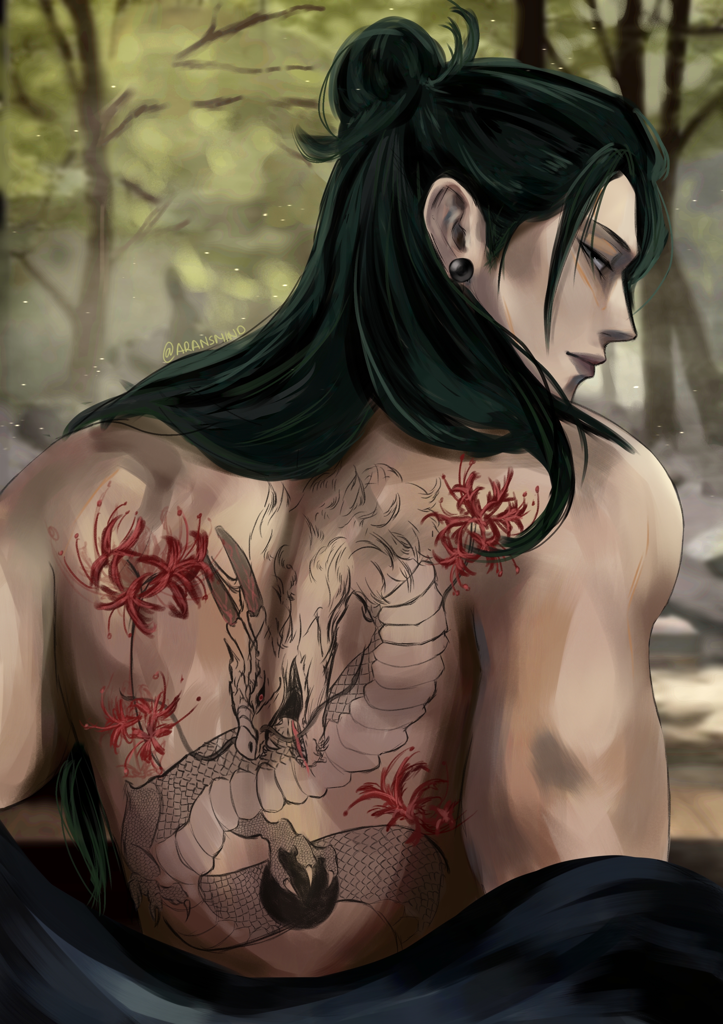 getou suguru, jujutsu kaisen, absurdres, highres, ibispaint (medium), 1boy, aransmind, back, back tattoo, black hair, clothes lift, cowboy shot, dragon tattoo, flower, flower tattoo, forest, from behind, hair bun, japanese clothes, kimono, kimono lift, long hair, looking back, nature, plug (piercing), spider lily, tattoo, twitter username