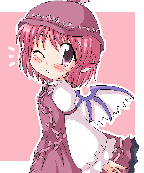 geetsu, mystia lorelei, touhou, 1girl, animal ears, blush, dress, female focus, fingernails, hat, one eye closed, pink eyes, pink hair, short hair, smile, solo, wide sleeves, wings, wink