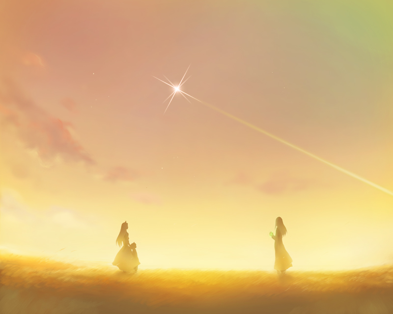 rebasashi, memusu, tsuuma, viral (ttgl), tengen toppa gurren lagann, 00s, 1boy, 2girls, contrail, family, multiple girls, star (symbol), sunset, yellow theme