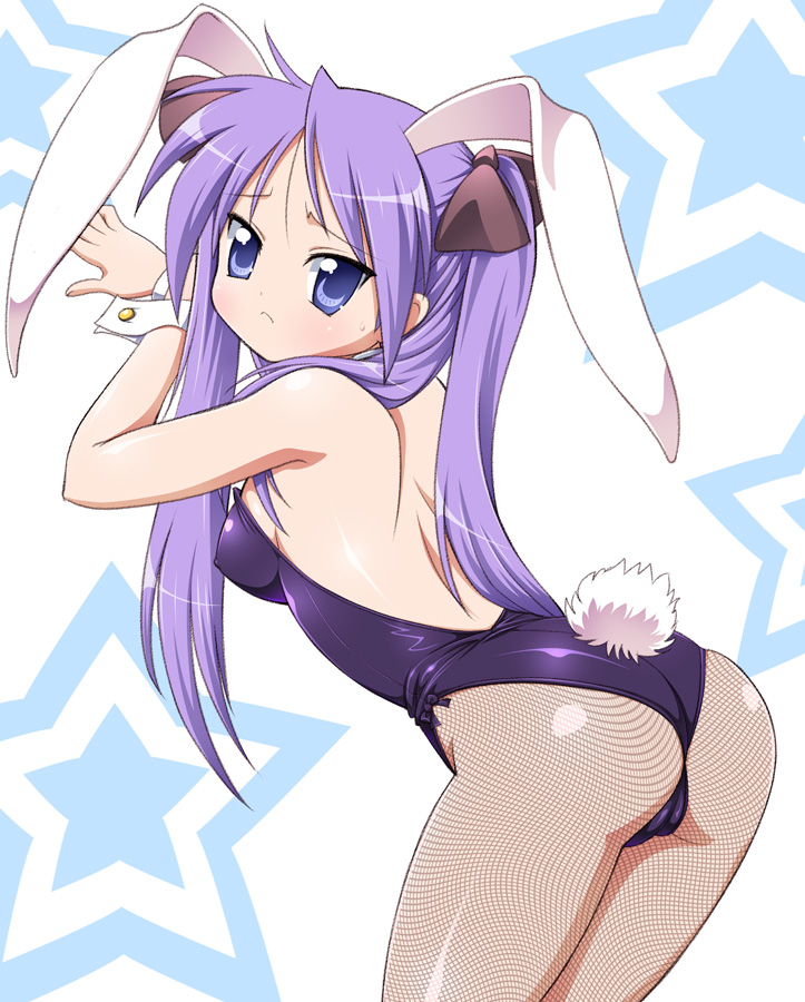 tanuki yousuke, hiiragi kagami, lucky star, 00s, 1girl, animal ears, armpits, ass, back, backless outfit, bent over, blue eyes, blush, breasts, cameltoe, covered erect nipples, embarrassed, fake animal ears, female focus, fishnet pantyhose, fishnets, from behind, frown, hair ribbon, leotard, long hair, looking back, pantyhose, playboy bunny, purple hair, rabbit ears, rabbit girl, rabbit tail, ribbon, shiny clothes, small breasts, solo, star (symbol), sweatdrop, tail, tsurime, twintails, white background, wrist cuffs