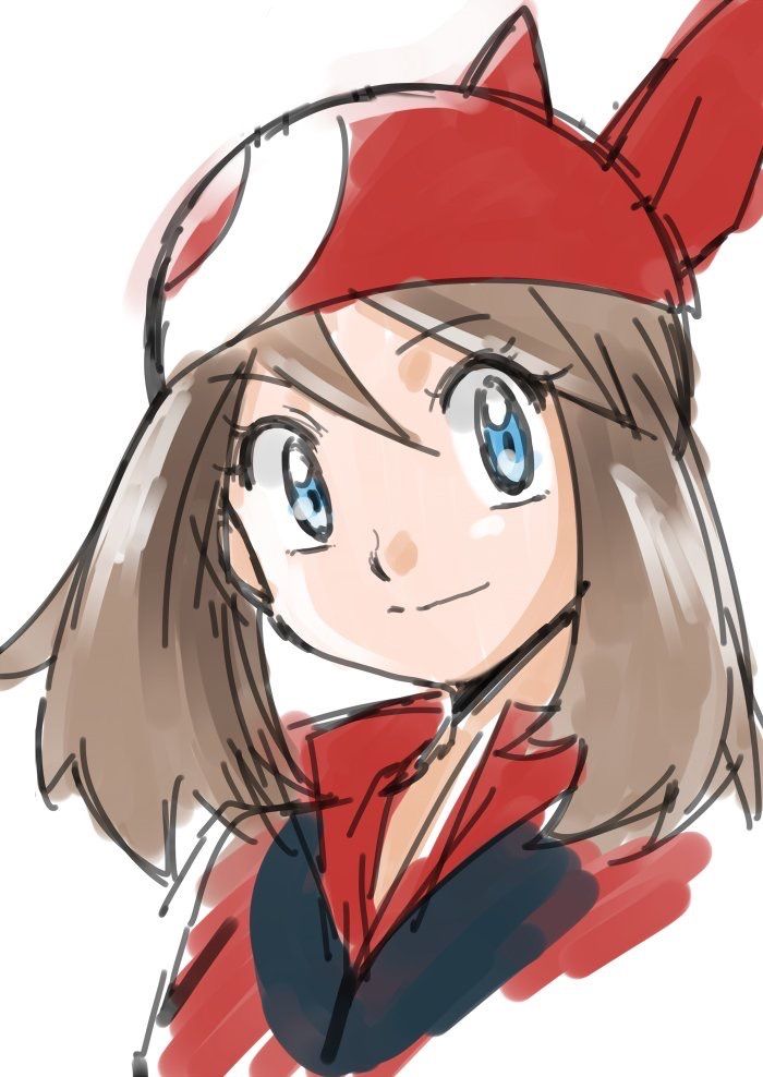 may (pokemon), nintendo, pokemon, pokemon rse, non-web source, 1girl, banana, bandana, blue eyes, brown hair, food, fruit, hat, looking at viewer, red bandana, red shirt, shirt, short hair