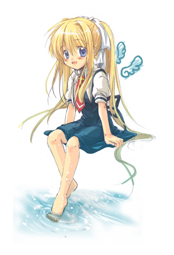 izumi rei, kamio misuzu, air (visual novel), 00s, barefoot, feet, long hair, ponytail, sitting, soaking feet, solo, very long hair, water, wings