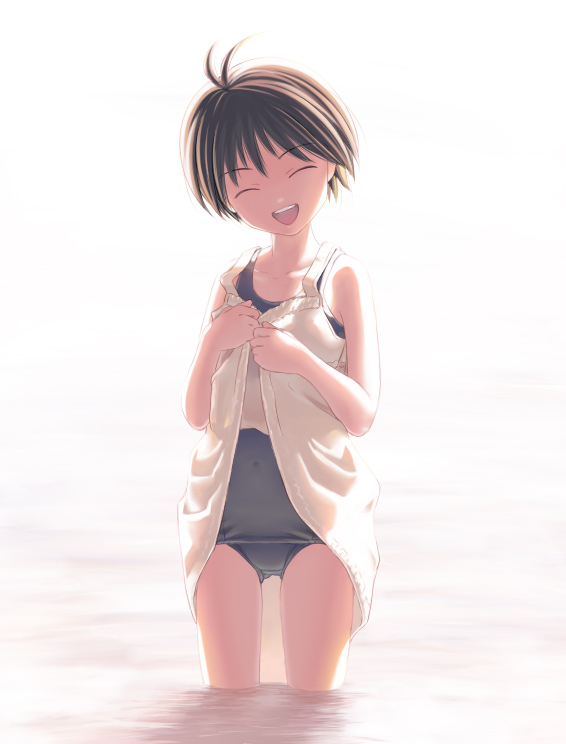 nekopuchi, kikuchi makoto, idolmaster, idolmaster (classic), idolmaster 1, 00s, 1girl, antenna hair, black one-piece swimsuit, brown hair, closed eyes, clothes lift, dress, dress lift, female focus, head tilt, one-piece swimsuit, open mouth, partially submerged, school swimsuit, short hair, solo, swimsuit, swimsuit under clothes, wading, water, white background